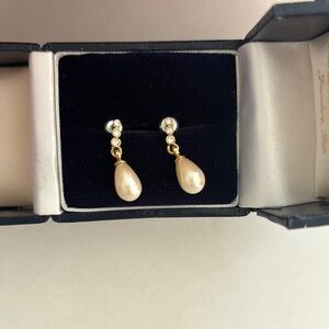 Diamond Pearl Drop Earrings - vintage real stones
